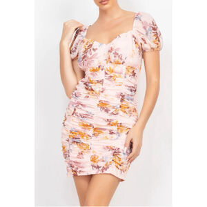 YaYa & Co Womens Fitted Shirred Floral Puff Sleeves Chiffon Romantic Sz. L